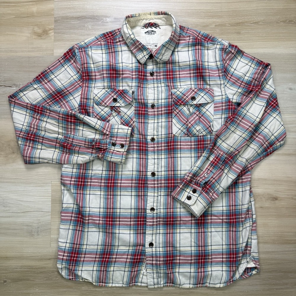 Vans Off The Wall Plaid Long Sleeve Shirt White Blue Red Yellow Men's Size M